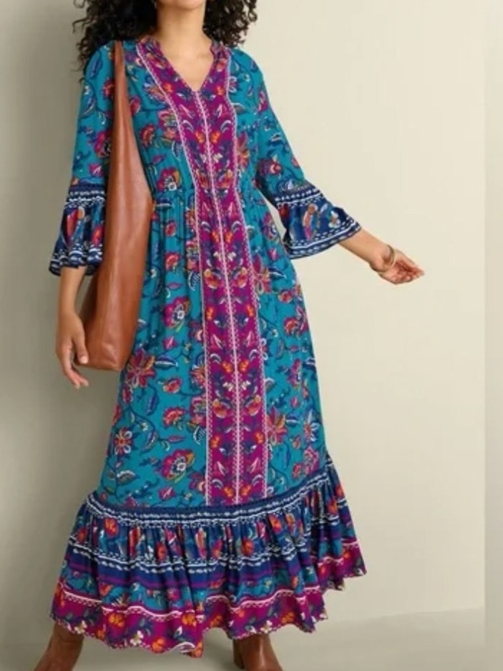 Soft Surroundings Teal Floral Allene Maxi Dress Petite PXL Boho Colorful Vibrant